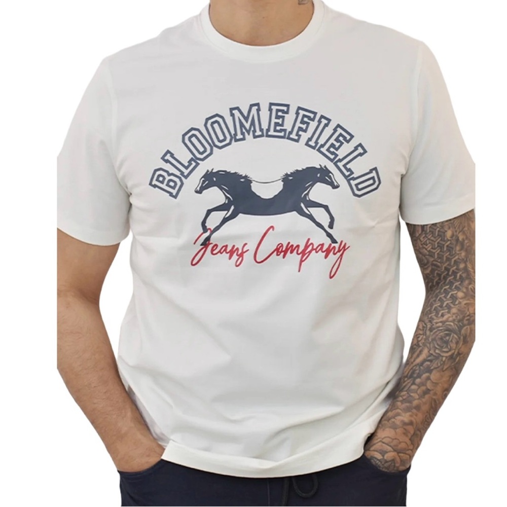 Men's White Graphic T-Shirt with blue/red logo.